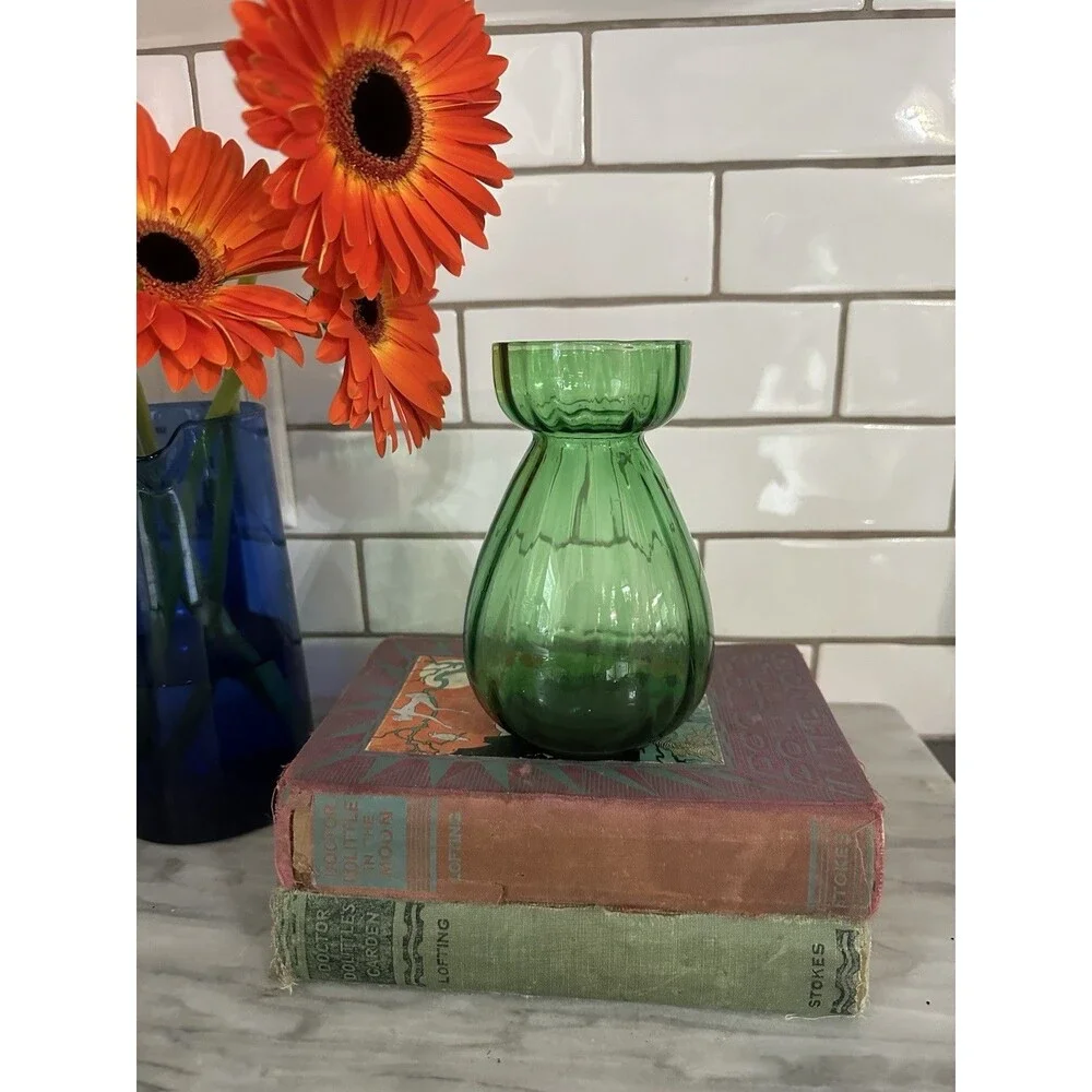 Beautiful Vintage Emerald Green Optic Glass Hyacinth FORCING VASE 6